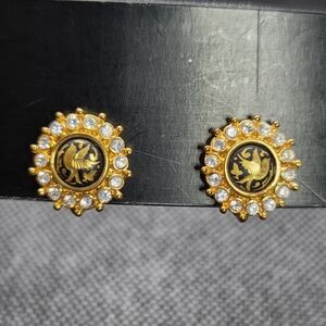 Damascene Bird Motif Earrings with Crystals